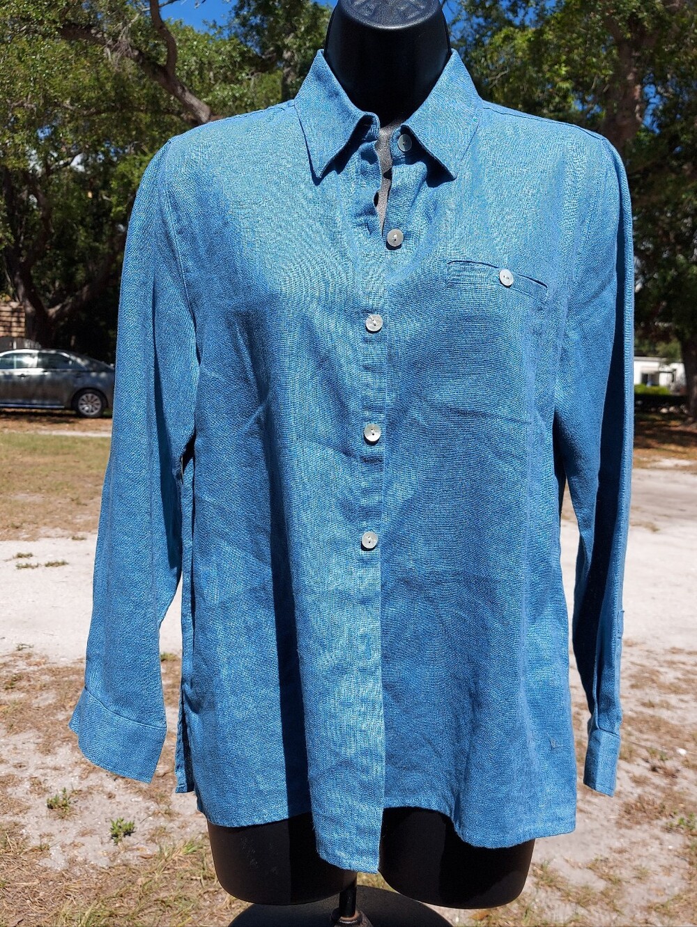 Studio Works (Petite) women's 100% linen shirt, blue, size S